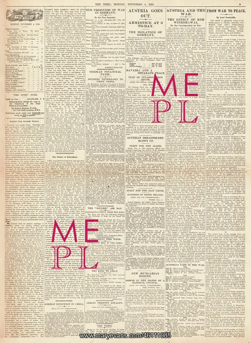 : 1918 The Times page 9 Surrender of Austro-Hungary : 1918 The Times page 9 Surrender of Austro-Hungary