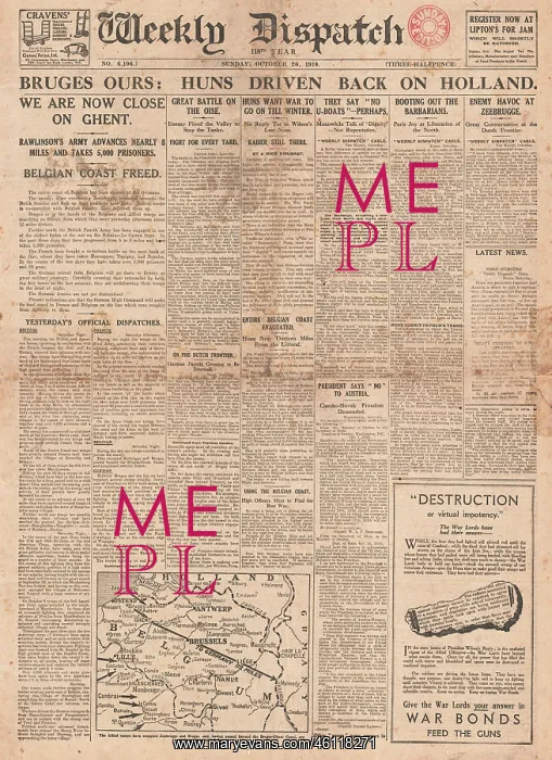 : 1918 Weekly Dispatch front page Allies capture Bruges : 1918 Weekly Dispatch front page Allies capture Bruges