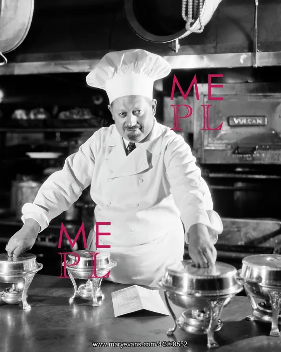 : 1920s 1930s Serious French Chef in Kitchen with Small Sil : 1920s 1930s Serious French Chef in Kitchen with Small Sil