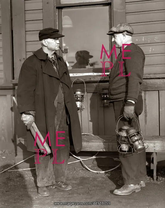 : 1920s 1930s Two Railroad Workers Holding Lanterns & Flags : 1920s 1930s Two Railroad Workers Holding Lanterns & Flags