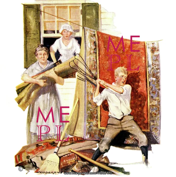 : 1920s family doing spring cleaning boy beating : 1920s family doing spring cleaning boy beating