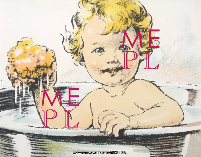 : 1920s, scrapbook image, stylised baby in bath : 1920s, scrapbook image, stylised baby in bath