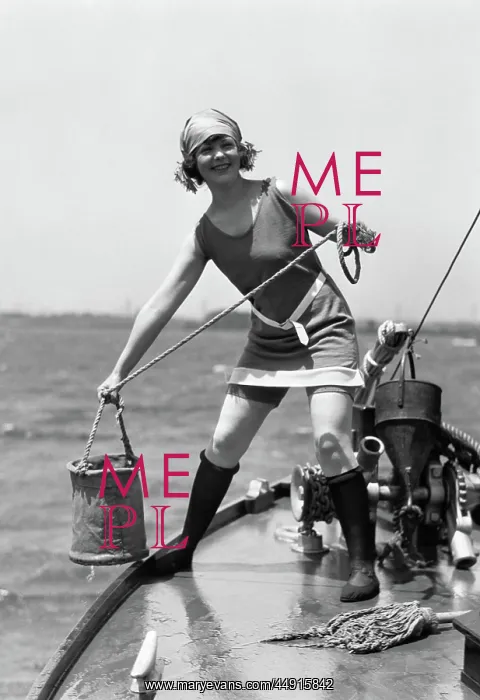 : 1920s WOMAN IN BATHING SUIT PULLING BUCKET OF : 1920s WOMAN IN BATHING SUIT PULLING BUCKET OF
