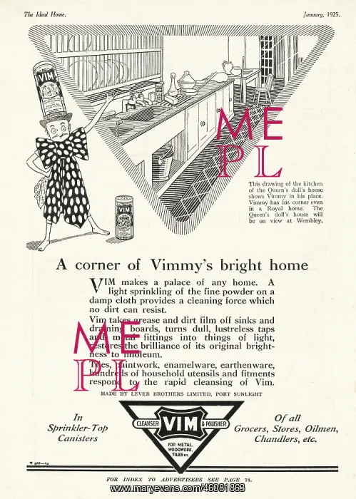 : 1925 UK Magazine Vim Cleaning Powder Advert : 1925 UK Magazine Vim Cleaning Powder Advert