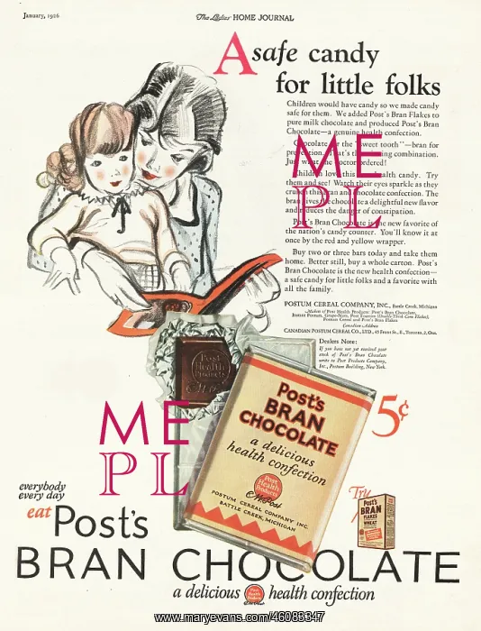 : 1926 U.S. Magazine Post's Bran Chocolate Advert : 1926 U.S. Magazine Post's Bran Chocolate Advert