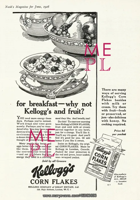 : 1928 UK Magazine Kellogs Cornflakes Advert : 1928 UK Magazine Kellogs Cornflakes Advert