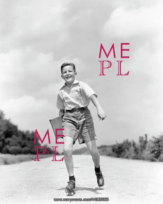 : 1930s 1930s Smiling Boy Roller Skating to School looking : 1930s 1930s Smiling Boy Roller Skating to School looking