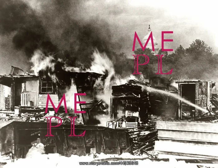 : 1930s 1932 Destruction of Bonus Army Shacks by Fire by Un : 1930s 1932 Destruction of Bonus Army Shacks by Fire by Un