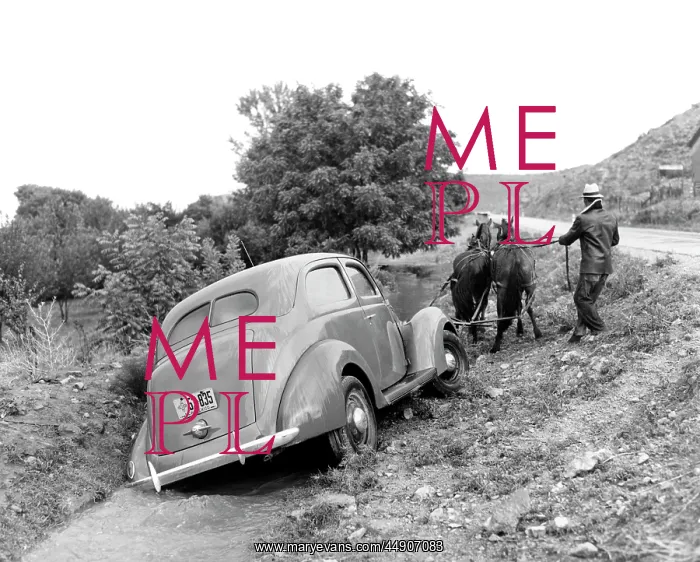 : 1930s 1937 ford v-8 being pulled out of rural : 1930s 1937 ford v-8 being pulled out of rural