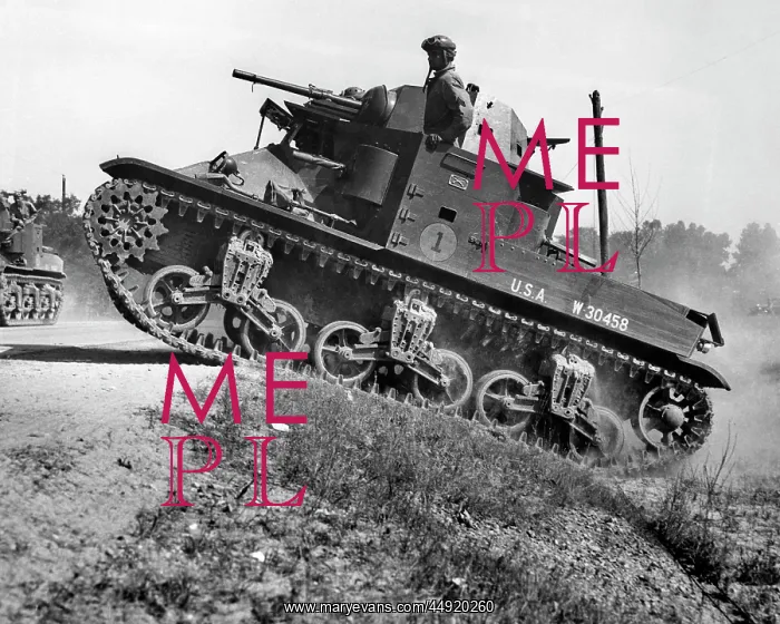 : 1930s 1940s Small American Army M2 Light Tank on an Incli : 1930s 1940s Small American Army M2 Light Tank on an Incli
