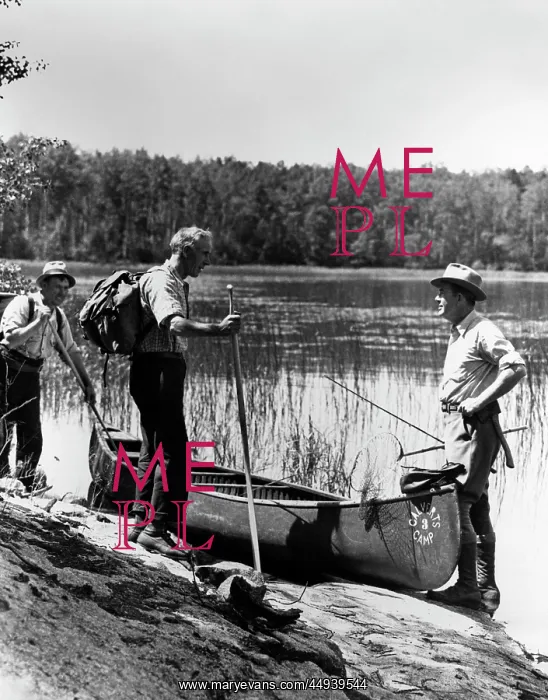 : 1930s 3 Men Standing Beside Canoe : 1930s 3 Men Standing Beside Canoe
