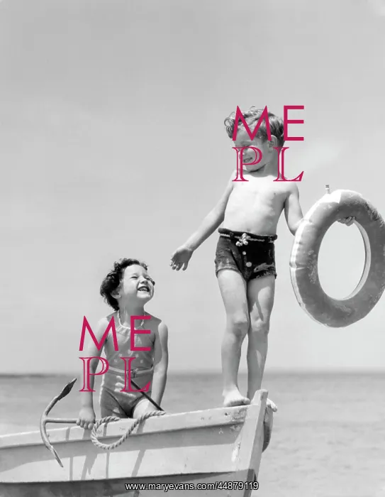 : 1930s Boy Standing Bow Row Boat : 1930s Boy Standing Bow Row Boat