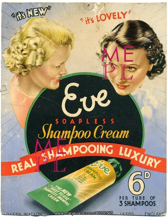 : 1930s, Eve Soapless shampoo creme, shop display : 1930s, Eve Soapless shampoo creme, shop display
