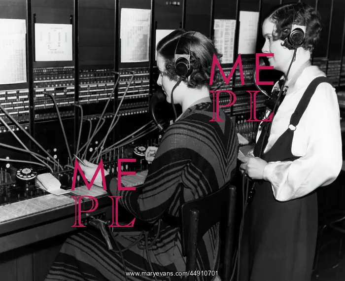 : 1930s female telephone switchboard operator and : 1930s female telephone switchboard operator and