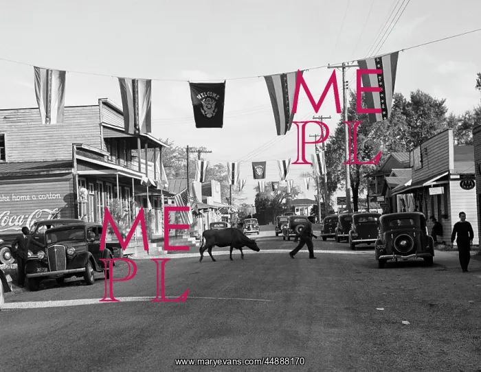 : 1930s MAIN STREET SMALL TOWN WITH FLAGS FLYING : 1930s MAIN STREET SMALL TOWN WITH FLAGS FLYING