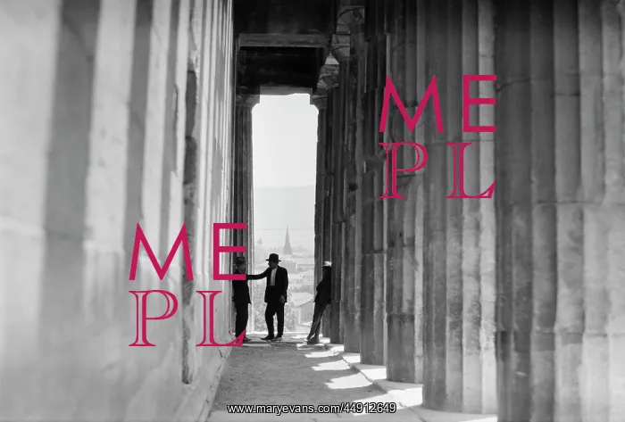 : 1930s - Three Men Standing in Column Lined Passageway Temp : 1930s - Three Men Standing in Column Lined Passageway Temp