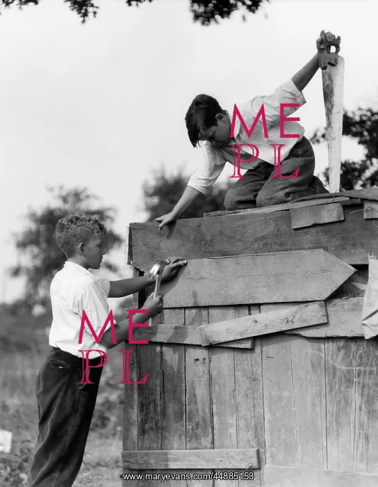 : 1930s Pair Of Boys Building Shack : 1930s Pair Of Boys Building Shack