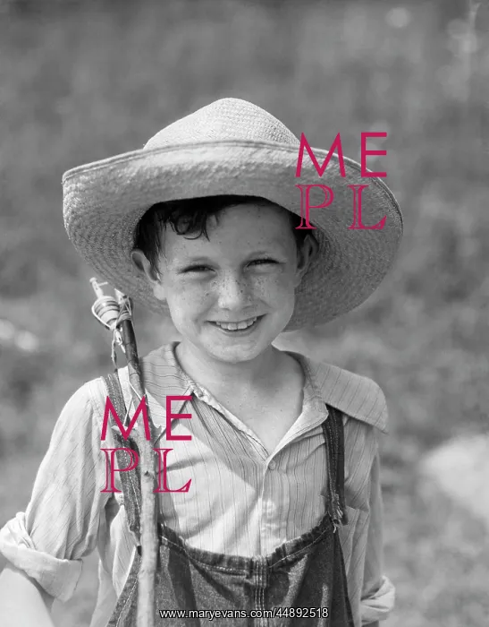 : 1930s SMILING BOY IN OVERALLS & STRAW HAT WITH : 1930s SMILING BOY IN OVERALLS & STRAW HAT WITH