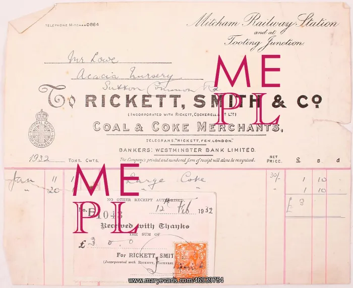 : 1932, receipt, coal & coke merchants, fuel, tooting : 1932, receipt, coal & coke merchants, fuel, tooting