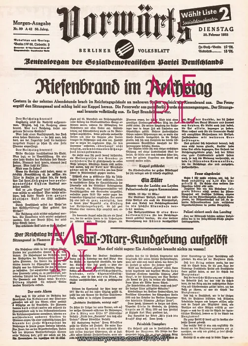 : 1933 Vorwarts (Germany) Reichstag fire : 1933 Vorwarts (Germany) Reichstag fire