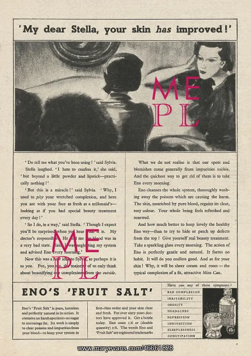: 1935 UK Magazine Eno's Fruit Salt Advert : 1935 UK Magazine Eno's Fruit Salt Advert
