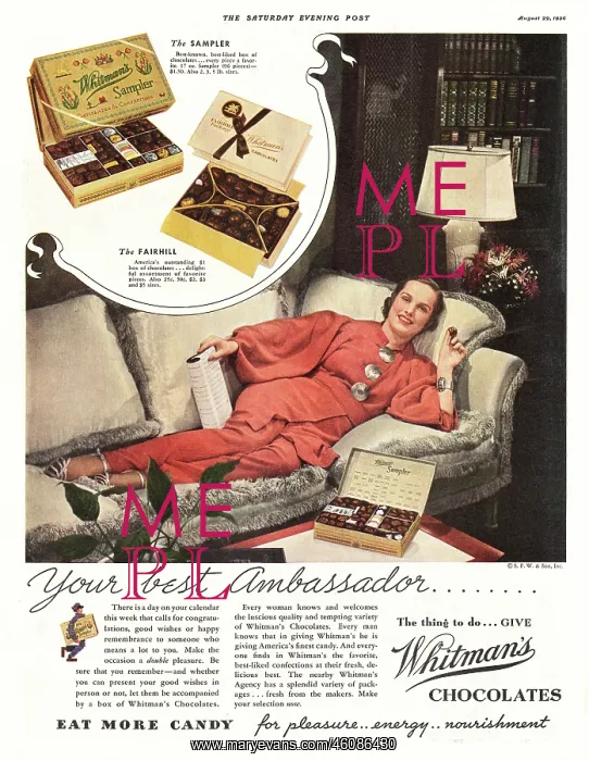 : 1936 U.S. Magazine Whitman's Chocolates Advert : 1936 U.S. Magazine Whitman's Chocolates Advert