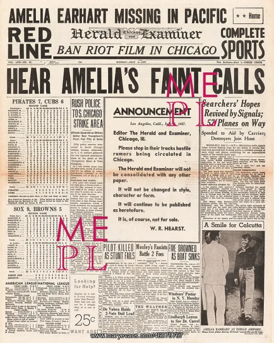  : 1937 Chicago Herald Examiner Amelia Earhart missing