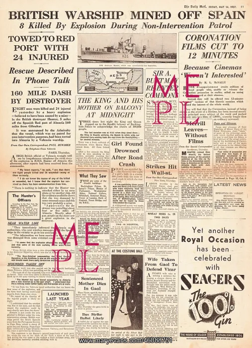 : 1937 Daily Mail HMS Hunter mined off Gibraltar : 1937 Daily Mail HMS Hunter mined off Gibraltar