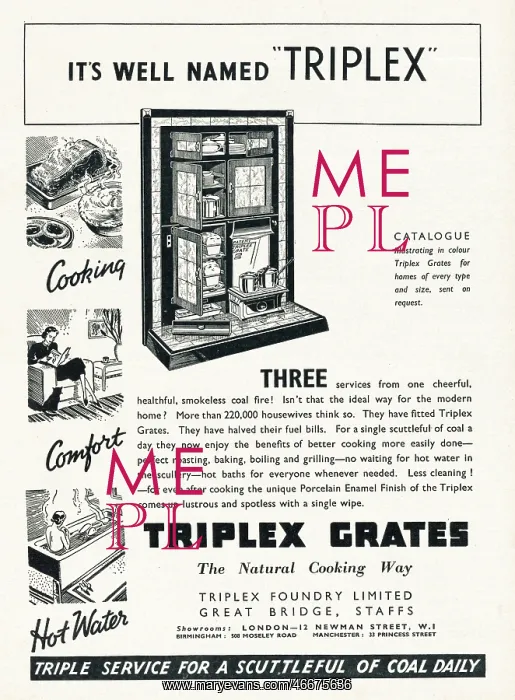 : 1937 UK Magazine Triplex Grates Ad : 1937 UK Magazine Triplex Grates Ad