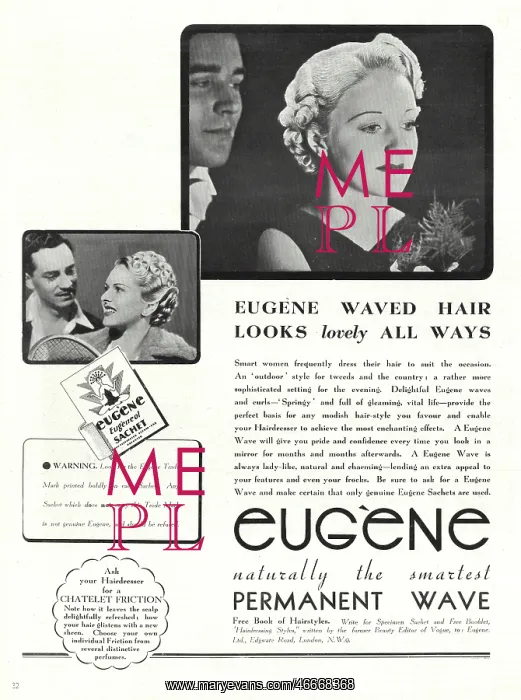 : 1938 UK Magazine Eugene Permanent Wave Ad : 1938 UK Magazine Eugene Permanent Wave Ad