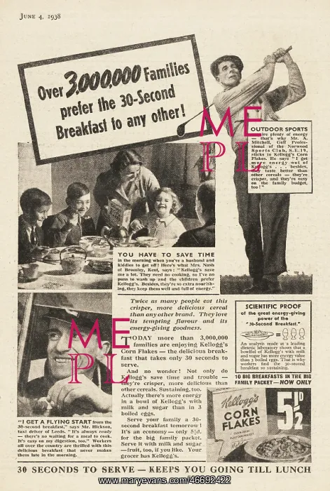 : 1938 UK Magazine Kellogs Cornflakes Advert : 1938 UK Magazine Kellogs Cornflakes Advert