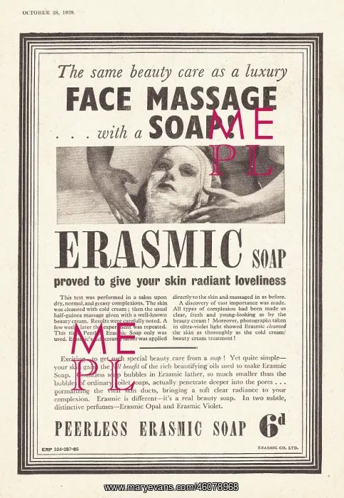 : 1939 UK Magazine Erasmic Soap Advert : 1939 UK Magazine Erasmic Soap Advert