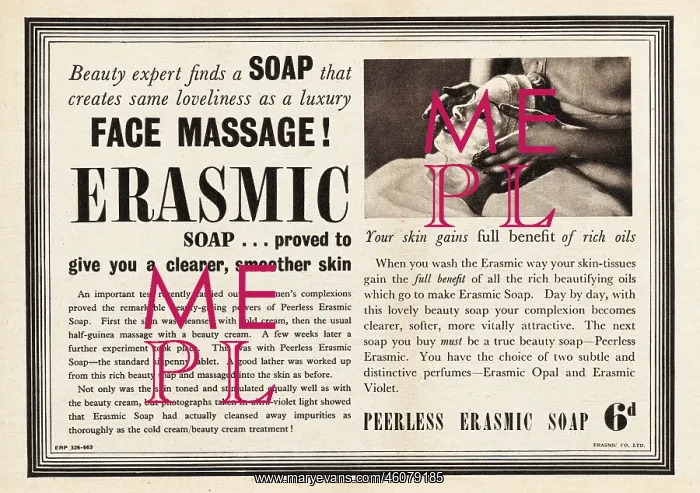 : 1939 UK Magazine Erasmic Soap Advert : 1939 UK Magazine Erasmic Soap Advert