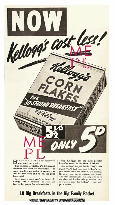 : 1939 UK Magazine Kellogs Cornflakes Advert : 1939 UK Magazine Kellogs Cornflakes Advert
