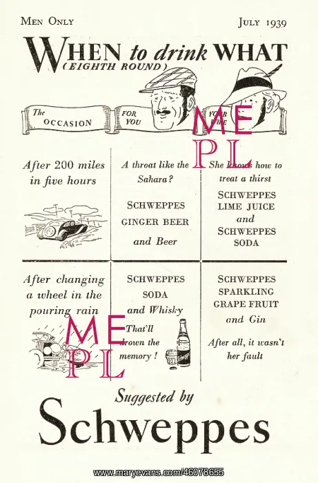 : 1939 UK Magazine Schweppes Drinks Advert : 1939 UK Magazine Schweppes Drinks Advert
