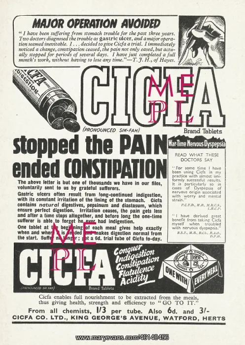 : 1940 UK Magazine Cicfa Constipation Tablets Ad : 1940 UK Magazine Cicfa Constipation Tablets Ad