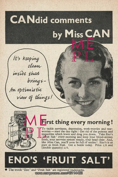 : 1940 UK Magazine Eno's Fruit Salt Advert : 1940 UK Magazine Eno's Fruit Salt Advert