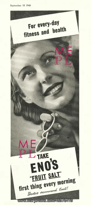 : 1940 UK Magazine Eno's Fruit Salt Advert : 1940 UK Magazine Eno's Fruit Salt Advert