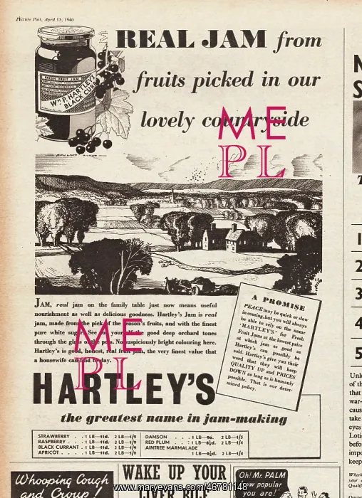 : 1940 UK Magazine Hartley's Jam Advert : 1940 UK Magazine Hartley's Jam Advert