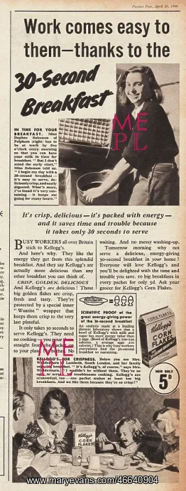 : 1940 UK Magazine Kellogs Cornflakes Advert : 1940 UK Magazine Kellogs Cornflakes Advert