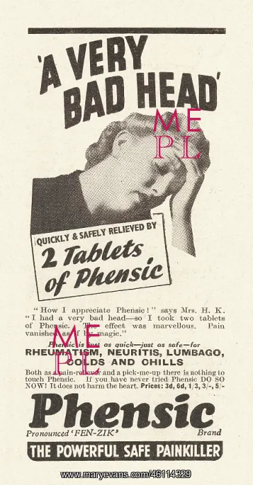 : 1940 UK Magazine Phensic Tablets Advert : 1940 UK Magazine Phensic Tablets Advert
