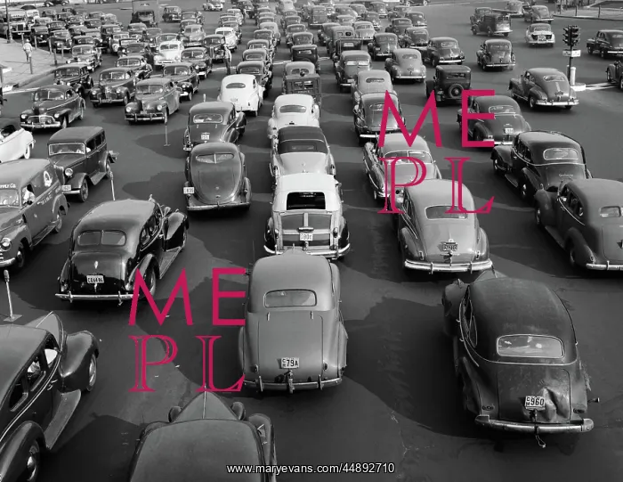 : 1940s 1948 VIEW OF TRAFFIC JAM ON MULTI LANE : 1940s 1948 VIEW OF TRAFFIC JAM ON MULTI LANE