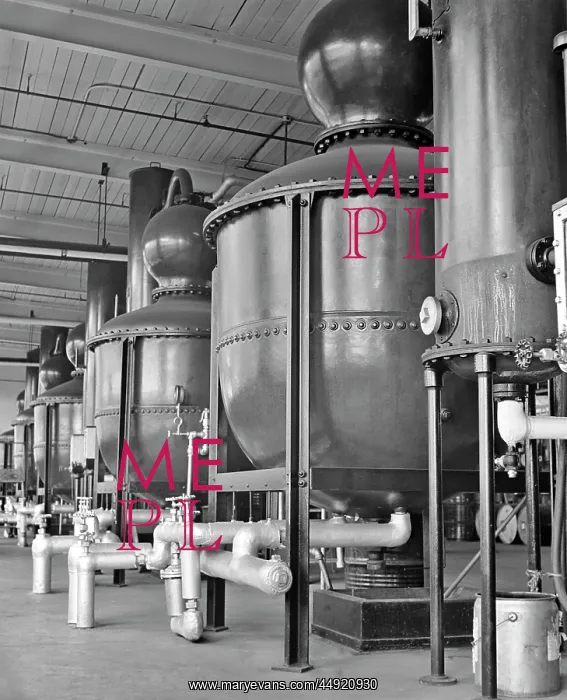 : 1940s 1950s Distillery Row of Pot Stills : 1940s 1950s Distillery Row of Pot Stills