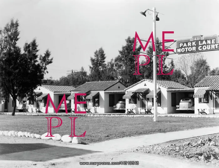 : 1940s 4 cabins with parked car & awning at park : 1940s 4 cabins with parked car & awning at park