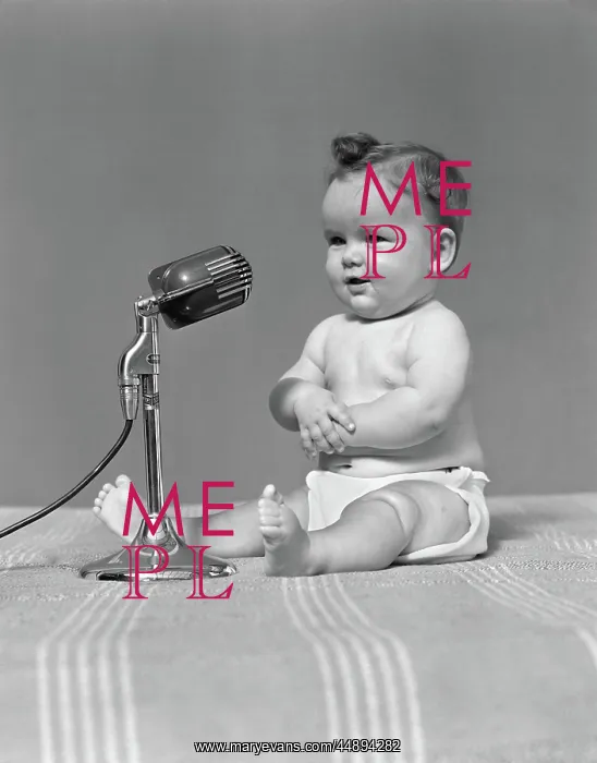  : 1940s BABY IN DIAPER WITH MICROPHONE STUDIO