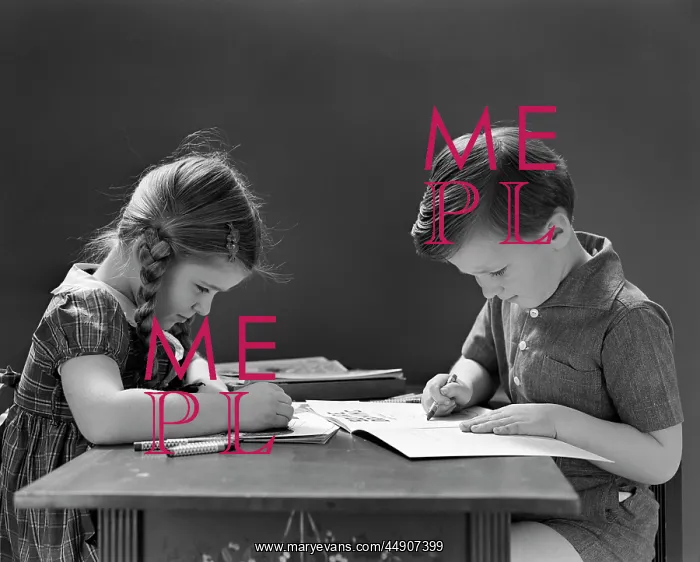  : 1940s Children Coloring In Book Sitting At Table
