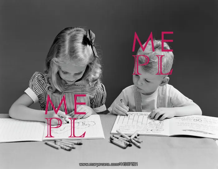  : 1940s Two Children Coloring Drawing In Book