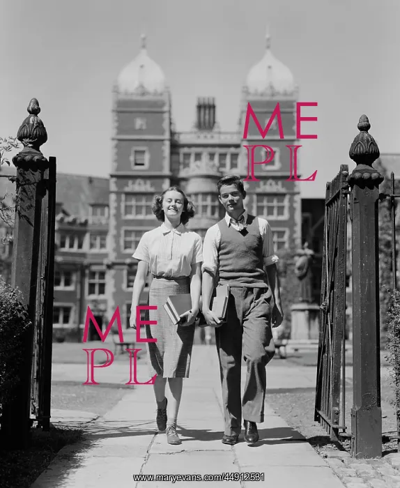 : 1940s COLLEGE AGED STUDENT COUPLE WALKING THROUGH : 1940s COLLEGE AGED STUDENT COUPLE WALKING THROUGH
