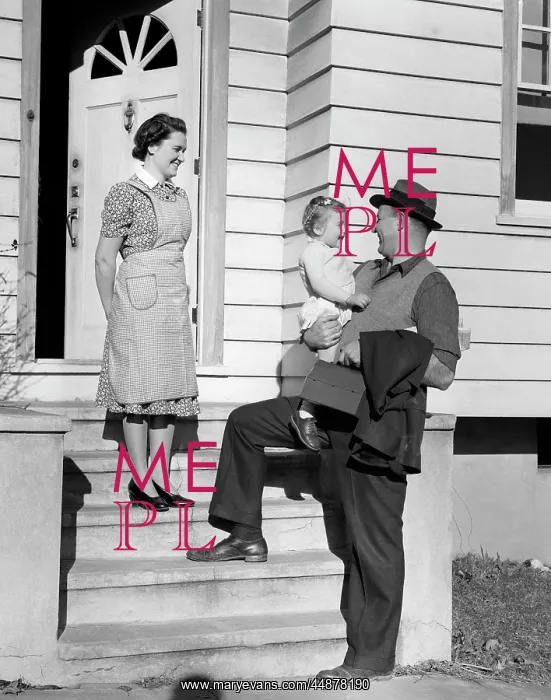 : 1940s Father On Steps Holding : 1940s Father On Steps Holding