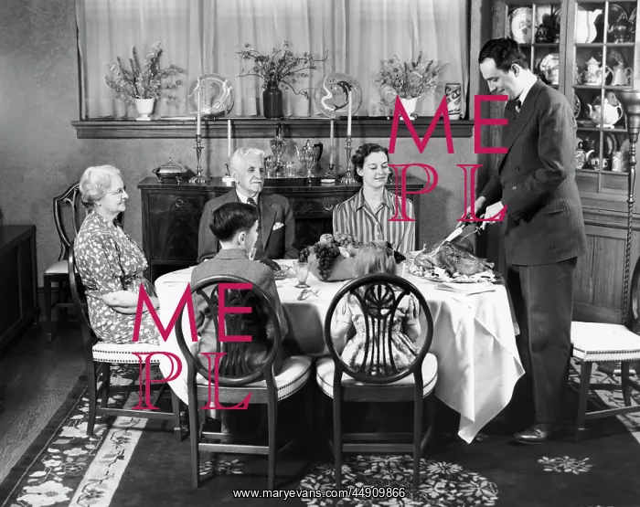 : 1940s formal dinner with four adults and two : 1940s formal dinner with four adults and two